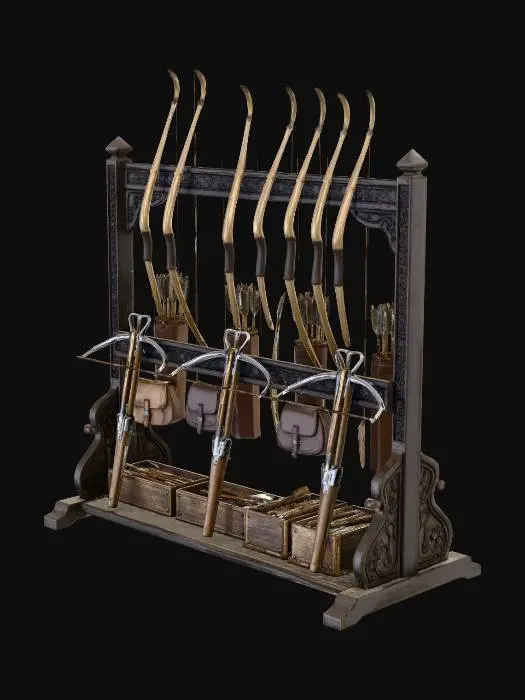 3D model for fammi l'immagine di una rastrelliera medioevale per armi contenente archi e balestre con relativi dardi e frecce