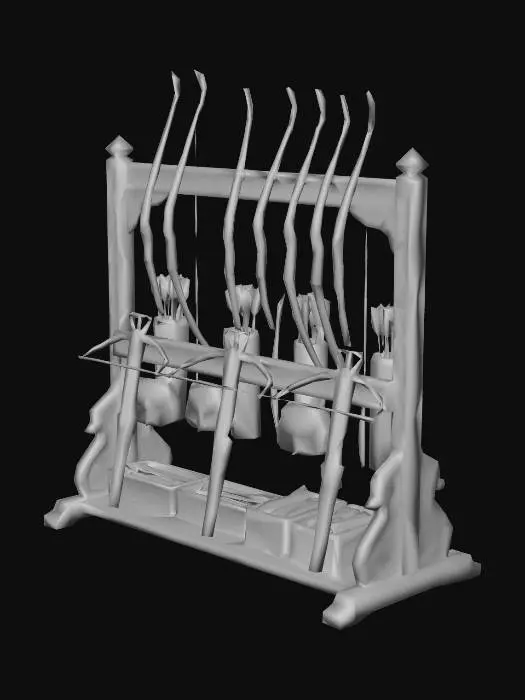 3D model for fammi l'immagine di una rastrelliera medioevale per armi contenente archi e balestre con relativi dardi e frecce