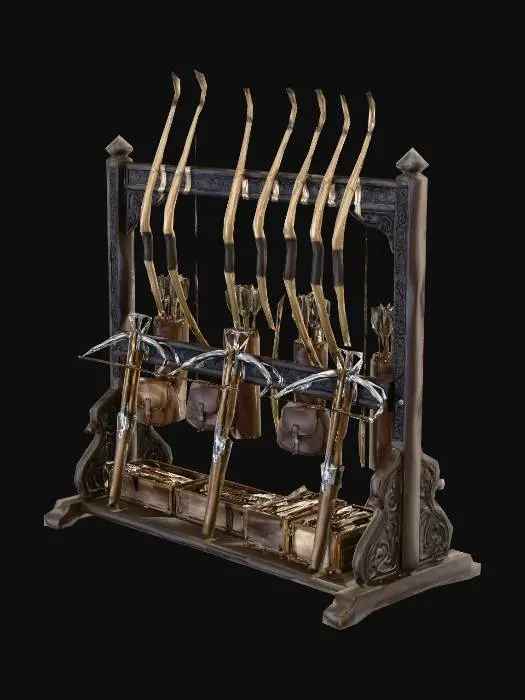 3D model for fammi l'immagine di una rastrelliera medioevale per armi contenente archi e balestre con relativi dardi e frecce