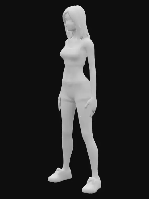 3D model for A 3D model of a slim, short female character in her early 18s, standing in a A-pose. she has a beautiful smile with a little tiny gap between front teeth. She has long purple hair, natural skin tone, and heavy mascara. Dressed in a fitted short crop top with medium breasts and wearing fitted shorts in neutral colors, with realistic human anatomy. Includes PBR textures, detailed hair, realistic skin shadows, and soft lighting. Optimized for high-quality 3D printing.
