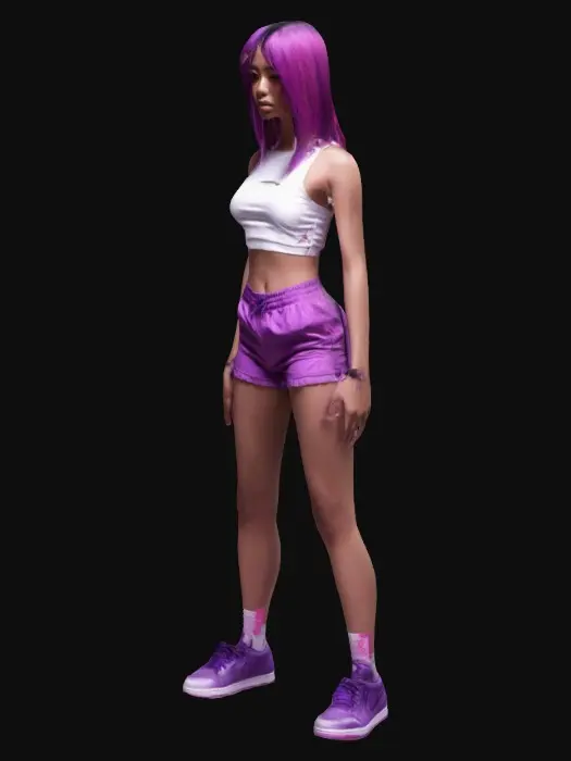 3D model for A 3D model of a slim, short female character in her early 18s, standing in a A-pose. she has a beautiful smile with a little tiny gap between front teeth. She has long purple hair, natural skin tone, and heavy mascara. Dressed in a fitted short crop top with medium breasts and wearing fitted shorts in neutral colors, with realistic human anatomy. Includes PBR textures, detailed hair, realistic skin shadows, and soft lighting. Optimized for high-quality 3D printing.
