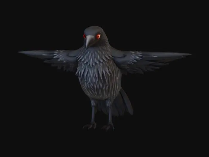 3D model for a black crow with its wings in a t-pose