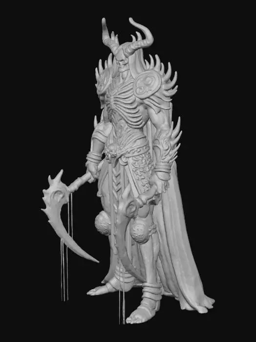 3D model for The Lord of Skulls is a towering, dread figure clad in ancient, jagged black armor adorned with skull motifs and dark runes. His skull crown, with twisted horns, glows with malevolent light in empty eye sockets. Long, sinewy limbs end in massive gauntleted hands clutching cursed weapons—scythes or greatswords dripping with blood. His domain is a ruined wasteland of bones and skulls beneath stormy skies, with a fortress built from millions of bones. Embodying death itself, he rules over legions of undead, a fearsome monarch of decay and chaos, relentless and unstoppable.