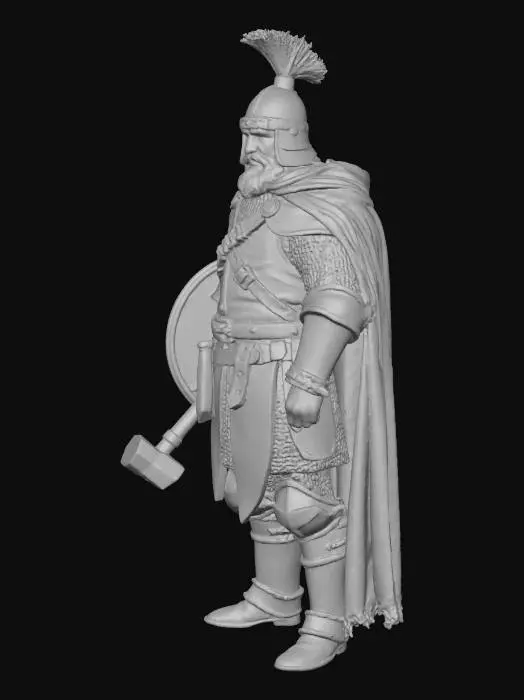 3D model for I want a medieval fantasy character who is squire with a beard. He is holding a hammer in the left arm and an axe in the right arm. He looks like is gonna take up a challange.