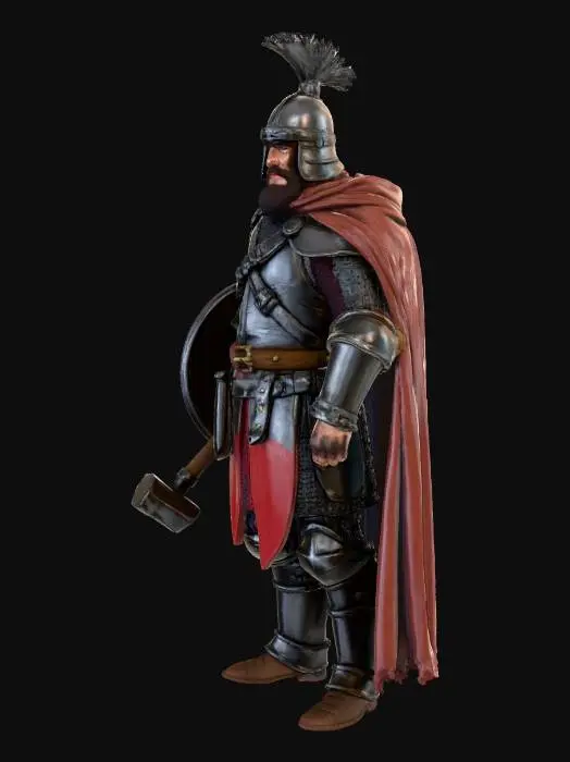 3D model for I want a medieval fantasy character who is squire with a beard. He is holding a hammer in the left arm and an axe in the right arm. He looks like is gonna take up a challange.
