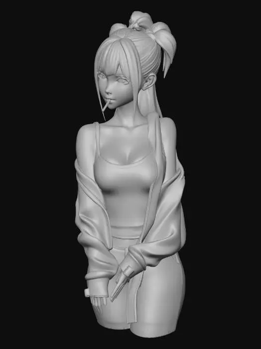 3D model for I would like to have a bust that is an E Girl, Long hair and her hairstyle should be with two big ponytails. Then she should look a little sad and she should have a cigarette in her mouth. I would like her to wear a hoodie and the right shoulder should be visable as the hoodie have slided down. And she should wear a tank top under the hoodie. the bust should be very detailed