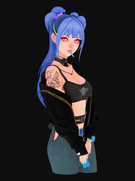 3D model for I would like to have a bust that is an E Girl, Long hair and her hairstyle should be with two big ponytails. Then she should look a little sad and she should have a cigarette in her mouth. I would like her to wear a hoodie and the right shoulder should be visable as the hoodie have slided down. And she should wear a tank top under the hoodie. the bust should be very detailed