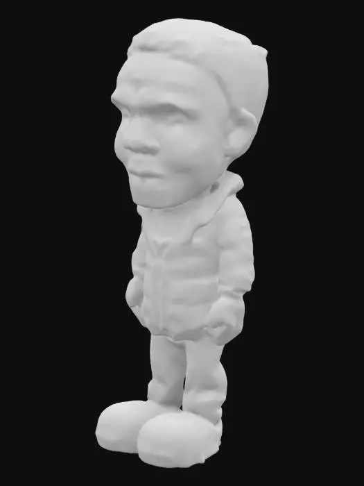 3D model for Generate a 3D model of a cartoon-style male character wearing a yellow puffer jacket, black pants, and white sneakers. He has a well-groomed beard, short black hair, and is holding a cup with a purple liquid. The model should have a stylized but semi-realistic appearance, suitable for animation or gaming