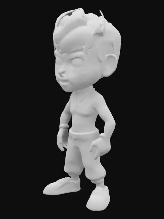 3D model for #ChronoForgeWeapon#, Create a 3D model of a stylized cartoon male character with short black hair, a well-groomed beard, and tattoos on both hands. He is shirtless, wearing a chain necklace, dark pants, and making a confident hand gesture. The model should have a semi-realistic style, suitable for animation or gaming, and should include detailed textures and rigging for movement.