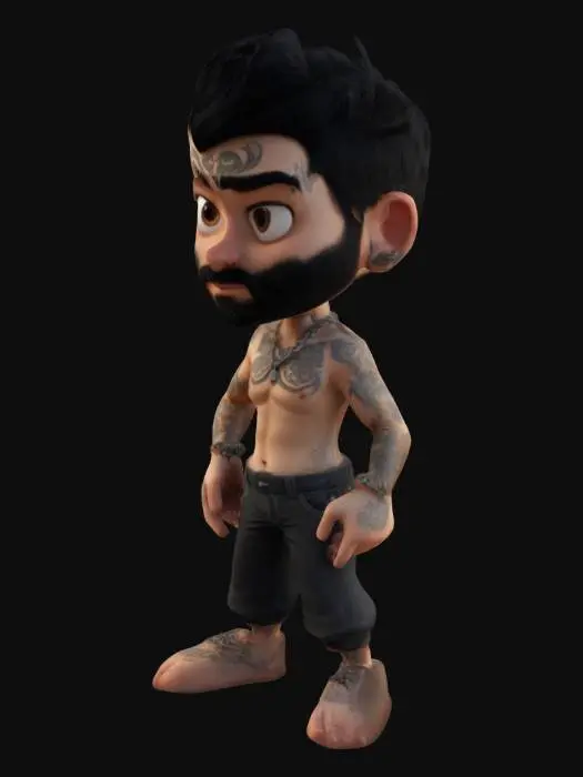 3D model for #ChronoForgeWeapon#, Create a 3D model of a stylized cartoon male character with short black hair, a well-groomed beard, and tattoos on both hands. He is shirtless, wearing a chain necklace, dark pants, and making a confident hand gesture. The model should have a semi-realistic style, suitable for animation or gaming, and should include detailed textures and rigging for movement.