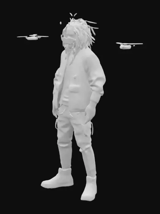 3D model for Design a futuristic streetwear character with cyberpunk vibes. The character has glowing neon blue dreadlocks and reflective sunglasses with a digital display across the lenses. They’re wearing a sleek, black tech-jacket with LED patterns that shift colors, paired with ripped, metallic cargo pants and high-top sneakers that hover slightly above the ground. Accessories include robotic arm tattoos, a holographic wristwatch, and floating drone companions circling around.