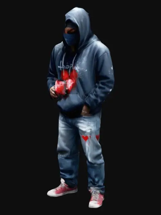 3D model for Design a 3D model of a lone graffiti artist in a dim alley, wearing a paint-splattered hoodie, baggy jeans, and scuffed sneakers. A bandana covers their face, but their eyes show pain and determination. They hold a spray can mid-spray, creating a mural of a stitched heart. Fading words like 'hope' and 'freedom' drift in the mist. The alley walls tell silent stories of struggle, rebellion, and resilience