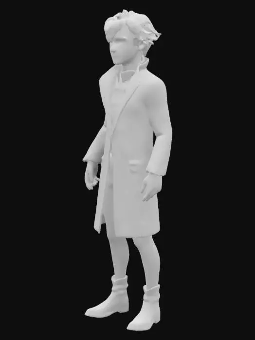 3D model for Create a 3D model of a lone figure standing on a rooftop at night, overlooking a glowing city. They wear a long, tattered coat, with wind blowing through their hair. A single tear rolls down their face, reflecting neon lights. In one hand, they hold a crumpled photo, and in the other, a flickering lighter. The city below represents dreams and regrets, while the sky above is filled with stars, symbolizing hope beyond the chaos