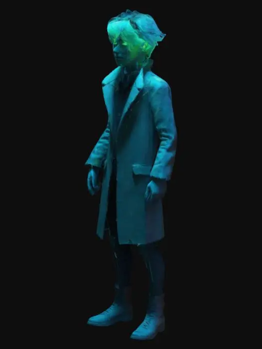 3D model for Create a 3D model of a lone figure standing on a rooftop at night, overlooking a glowing city. They wear a long, tattered coat, with wind blowing through their hair. A single tear rolls down their face, reflecting neon lights. In one hand, they hold a crumpled photo, and in the other, a flickering lighter. The city below represents dreams and regrets, while the sky above is filled with stars, symbolizing hope beyond the chaos