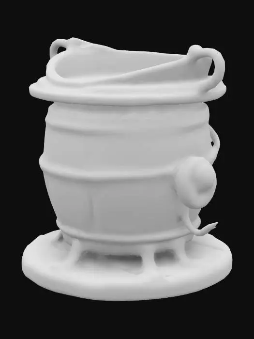 3D model for A stylized orcish mixer, a mix of war drum and cauldron, with twisted wooden planks and spiral accents for a Tim Burton-inspired look. Wide open top, reinforced with warped metal bands and leather straps. Subtle spirals in wood grain and metal details,. A large asymmetrical spout for dispensing liquid. Simple wooden podium base, minimal details below. Dark aged wood, worn metal, slight magical glow.