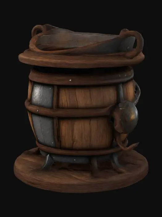 3D model for A stylized orcish mixer, a mix of war drum and cauldron, with twisted wooden planks and spiral accents for a Tim Burton-inspired look. Wide open top, reinforced with warped metal bands and leather straps. Subtle spirals in wood grain and metal details,. A large asymmetrical spout for dispensing liquid. Simple wooden podium base, minimal details below. Dark aged wood, worn metal, slight magical glow.