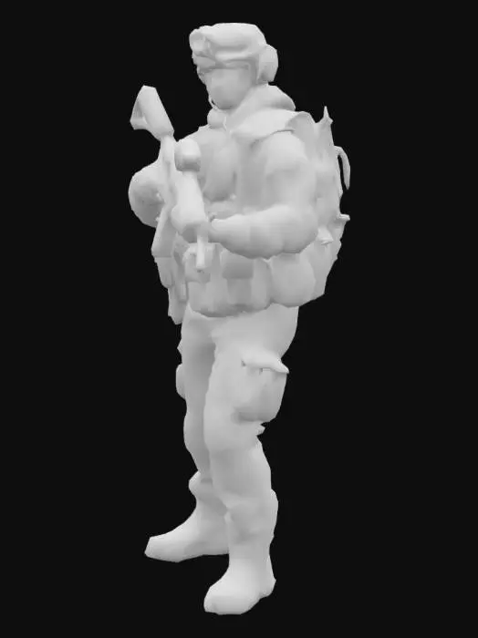 3D model for  The soldier is dressed in modern desert camouflage tactical gear, wearing a night vision headset on his helmet, body armor with pouches, and holding an M4 rifle with a suppressor and scope. His pose is stealthy but intense