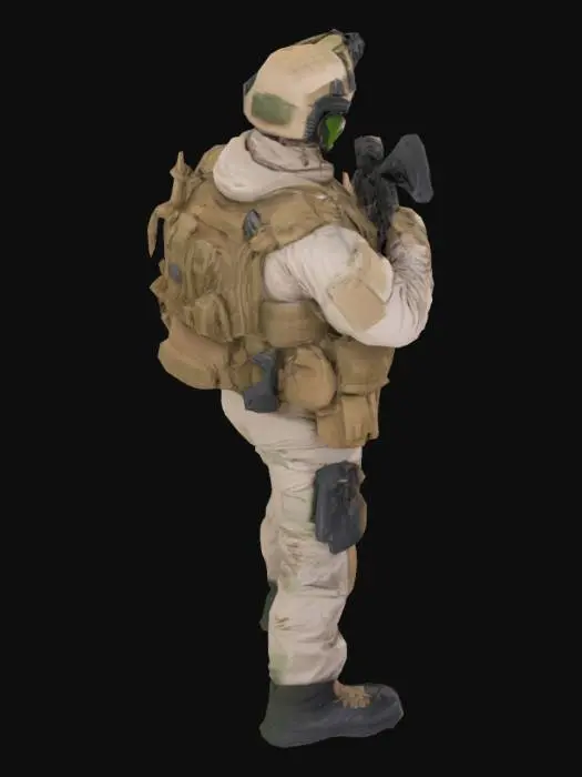 3D model for  The soldier is dressed in modern desert camouflage tactical gear, wearing a night vision headset on his helmet, body armor with pouches, and holding an M4 rifle with a suppressor and scope. His pose is stealthy but intense