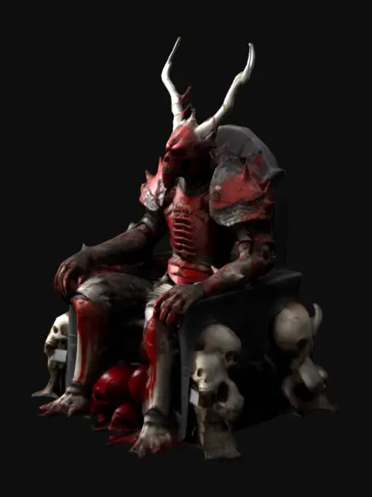 3D model for A figure of Dystopian armored Tengu golem sitting on his throne. The throne is made out of bones and skulls. His skin looks red and bloody. The bones on the throne are white and gray.