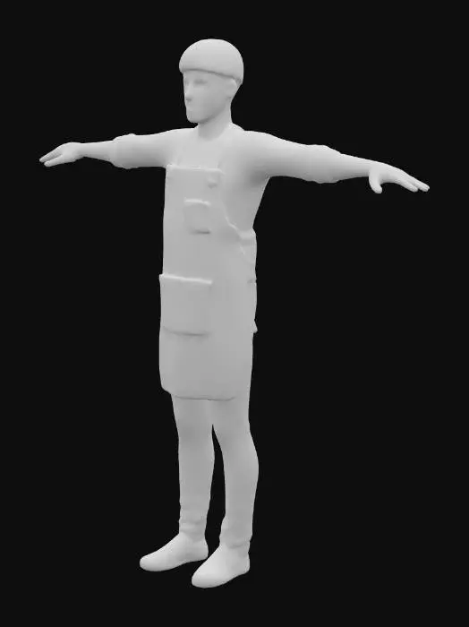 3D model for Pixar, 3D, full-body shot. Front view, white background. A complete 3D virtual image of a 28-year-old male barista with a modern casual style, wearing a white shirt with a brown leather apron, black jeans and white sneakers. He has neat short brown hair and is wearing a black beanie. Low-poly model, using PBR materials (with soft cotton fabric and fine skin effects), standing in a T shape. Make sure each hand of the character has five fingers. Both hands are stretched parallel to the ground.