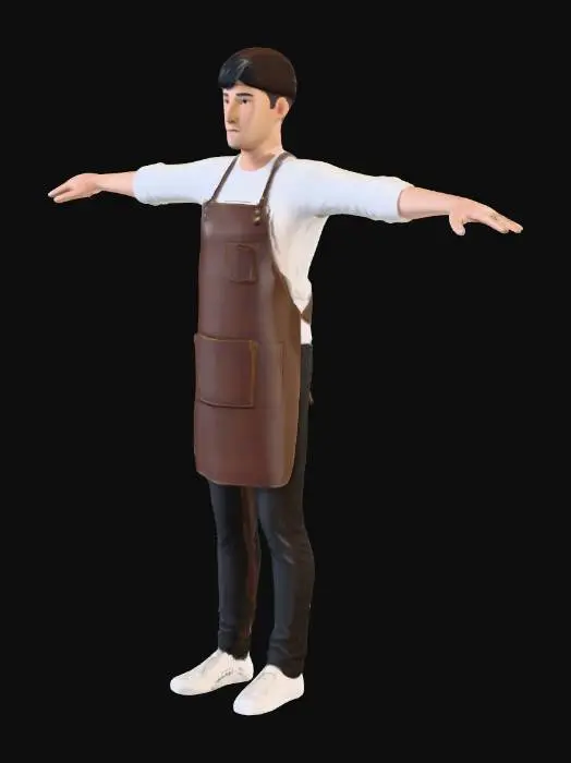 3D model for Pixar, 3D, full-body shot. Front view, white background. A complete 3D virtual image of a 28-year-old male barista with a modern casual style, wearing a white shirt with a brown leather apron, black jeans and white sneakers. He has neat short brown hair and is wearing a black beanie. Low-poly model, using PBR materials (with soft cotton fabric and fine skin effects), standing in a T shape. Make sure each hand of the character has five fingers. Both hands are stretched parallel to the ground.