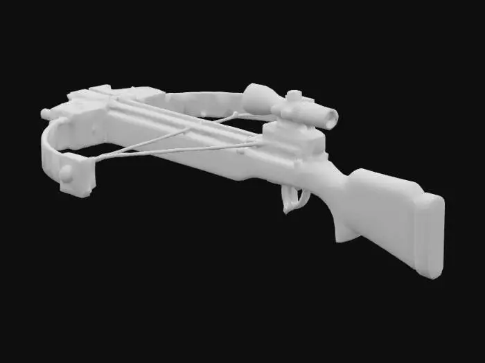 3D model for 一把坚固的强弩,主体由深色、打磨光滑的硬木制成,带有清晰的木纹细节。金属弓臂呈现出哑光黑色,表面略带磨损痕迹,连接处有铆钉固定,显得粗犷而实用。弦线是紧绷的合成纤维,颜色深沉。扳机和瞄准机构由抛光钢材构成,触感冰冷,握把处缠绕着防滑的皮革,提供牢固的抓握感。