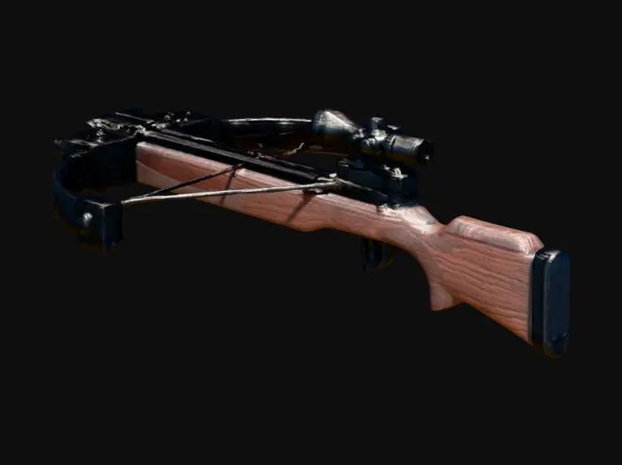 3D model for 一把坚固的强弩,主体由深色、打磨光滑的硬木制成,带有清晰的木纹细节。金属弓臂呈现出哑光黑色,表面略带磨损痕迹,连接处有铆钉固定,显得粗犷而实用。弦线是紧绷的合成纤维,颜色深沉。扳机和瞄准机构由抛光钢材构成,触感冰冷,握把处缠绕着防滑的皮革,提供牢固的抓握感。