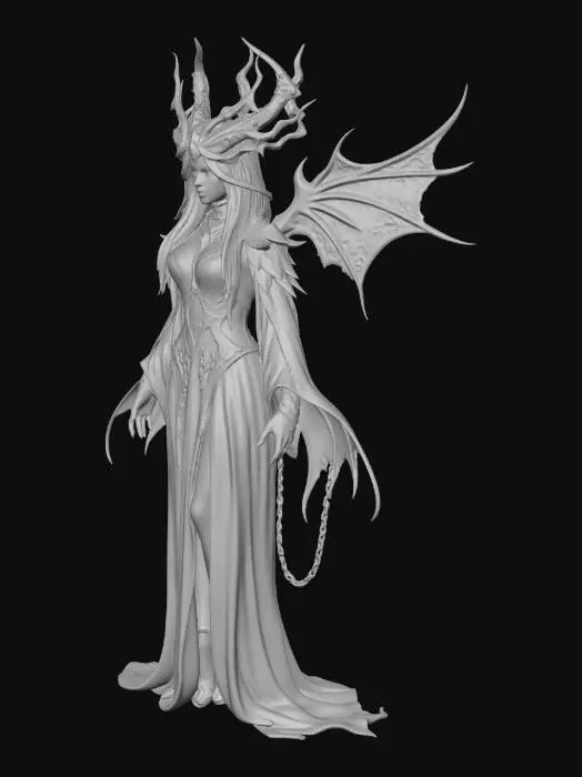 3D model for A Void Empress whose body is constructed from dark grey marble and liquid iron. Her robes are made of extremely dense black velvet, punctuated by tiny purple luminescent fibers. She wears a faceless, twisted verdigris crown, and thick runic chains coil around her arms. Requirement: Gothic fantasy, emphasize the cold hardness of marble and the light-absorbing nature of velvet.