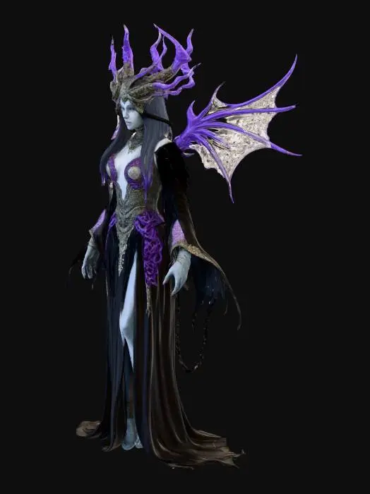 3D model for A Void Empress whose body is constructed from dark grey marble and liquid iron. Her robes are made of extremely dense black velvet, punctuated by tiny purple luminescent fibers. She wears a faceless, twisted verdigris crown, and thick runic chains coil around her arms. Requirement: Gothic fantasy, emphasize the cold hardness of marble and the light-absorbing nature of velvet.