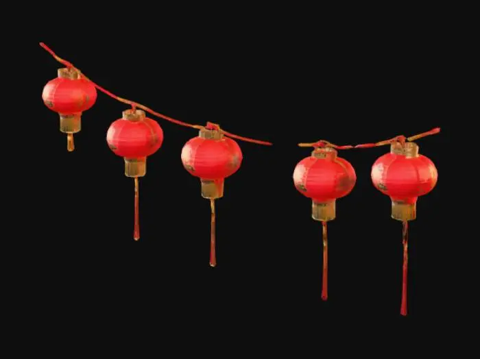 3D model for A single stylized wire string decorated with traditional Chinese lanterns, designed as a modular festival prop for fantasy arena environments. The thin, slightly curved wire is suspended naturally in air, with 3 to 5 hanging lanterns spaced evenly along it. Each lantern is crafted in a classic round or cylindrical shape, made of red silk with golden accents and tassels, softly glowing as if lit from within. The wire segment is minimal and floating, with no visible supports — perfect for duplicating, rotating, or connecting manually to form longer garlands. Game-ready, lightweight, and ideal for top-down or isometric arenas as non-blocking atmospheric decoration.