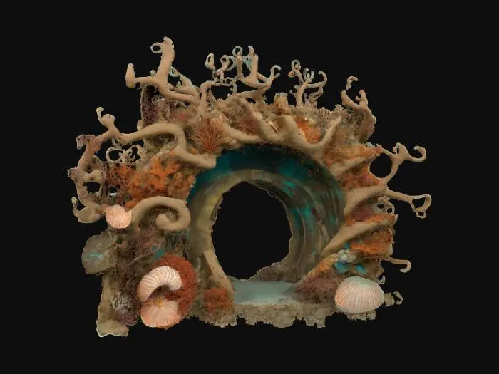 3D model for nautilus arch, underwater architecture, coral and seaweed, bronze teal copper colors, #arch#