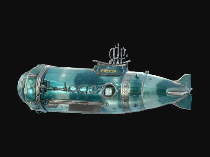 3D model for #PBR#, glassy magical submarine made entirely out of water, highly reflective surface, metallic, complex, high resolution, 8k, work of art