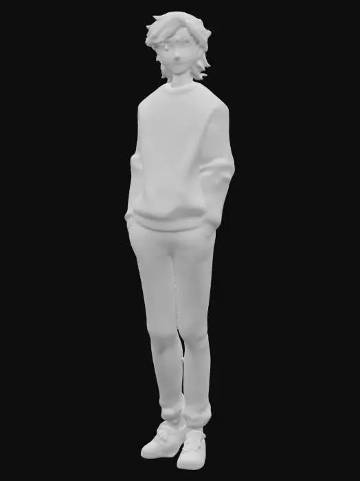 3D model for Liseli genç erkek, uzun saçlı, doğal görünümde. Saçları kahverengi, hafif dalgalı ve omuzlarına kadar uzanıyor. Üzerinde sade bir kahverengi kazak var; kazağın dokusu pamuksu, biraz bol kesimli. Altında bej renkte, günlük tarzda bir pantolon giyiyor. Ayakkabıları sade spor tarzında, kahverengi veya beyaz tonlarda olabilir. Genç yüz hatları belirgin, 16-18 yaşlarında, gerçekçi/anime/çizim stiline göre detaylı şekilde işlenmiş. Doğal bir duruş sergiliyor; okuldan çıkmış veya sınıfta ayakta bekliyormuş gibi. Arka plan sade veya nötr renklerde, karakterin ön planda olmasına odaklanılmış.