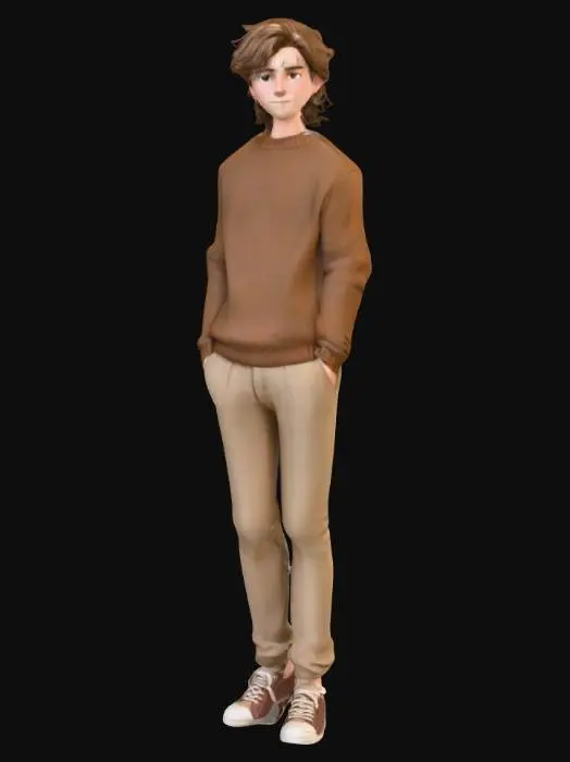 3D model for Liseli genç erkek, uzun saçlı, doğal görünümde. Saçları kahverengi, hafif dalgalı ve omuzlarına kadar uzanıyor. Üzerinde sade bir kahverengi kazak var; kazağın dokusu pamuksu, biraz bol kesimli. Altında bej renkte, günlük tarzda bir pantolon giyiyor. Ayakkabıları sade spor tarzında, kahverengi veya beyaz tonlarda olabilir. Genç yüz hatları belirgin, 16-18 yaşlarında, gerçekçi/anime/çizim stiline göre detaylı şekilde işlenmiş. Doğal bir duruş sergiliyor; okuldan çıkmış veya sınıfta ayakta bekliyormuş gibi. Arka plan sade veya nötr renklerde, karakterin ön planda olmasına odaklanılmış.