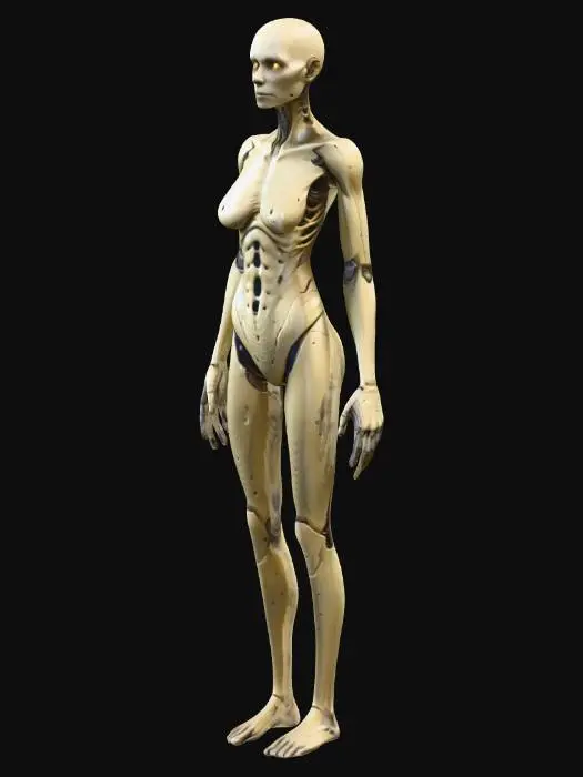 3D model for A low-threat Backrooms Level 1 entity. Humanoid but distorted, thin and fragile body, pale yellowish skin, subtle uncanny features. Looks weak and lost rather than aggressive. Slightly elongated limbs, minimal facial features, empty eyes. Fits the liminal office hallways of Backrooms Level 1. Low detail, simple silhouette, game-ready 3D model, clean topology, T-pose, no base, no background.