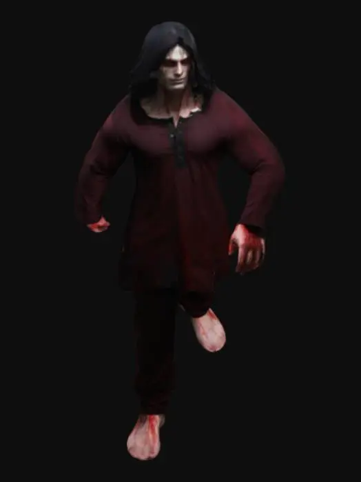 3D model for Height & Build: 6 feet tall, muscular build.
Face & Eyes: No one can see his face, and his eyes are completely red with visible veins.
Clothing: Wears a black kurta stained with blood.
Aura: Dense, heavy, and negative.
Movement: Moves like a normal person but exudes an eerie presence

legs- pajama in dark blue colour

neck - cover with muffler from neck to lips 

hair - long hair brown colour 


