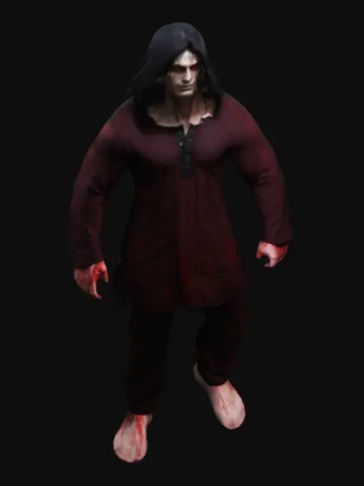 3D model for Height & Build: 6 feet tall, muscular build.
Face & Eyes: No one can see his face, and his eyes are completely red with visible veins.
Clothing: Wears a black kurta stained with blood.
Aura: Dense, heavy, and negative.
Movement: Moves like a normal person but exudes an eerie presence

legs- pajama in dark blue colour

neck - cover with muffler from neck to lips 

hair - long hair brown colour 

