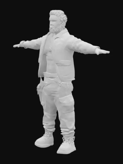 3D model for Ultra-realistic, high-poly post-apocalyptic Indian survivor in T-pose (or A-pose) for Unity. Athletic, muscular build, rugged sunburnt skin with scars, dirt, and veins. Strong jawline, sharp cheekbones, intense eyes, messy short hair (or tied-back dreads), stubble/beard.

Wears a torn kurta under a weathered leather jacket with rusted metal shoulder plates. Heavy-duty cargo pants with knee guards, reinforced combat boots covered in dust. Accessories: Belts, pouches, hand wraps, rusted dog tag.

