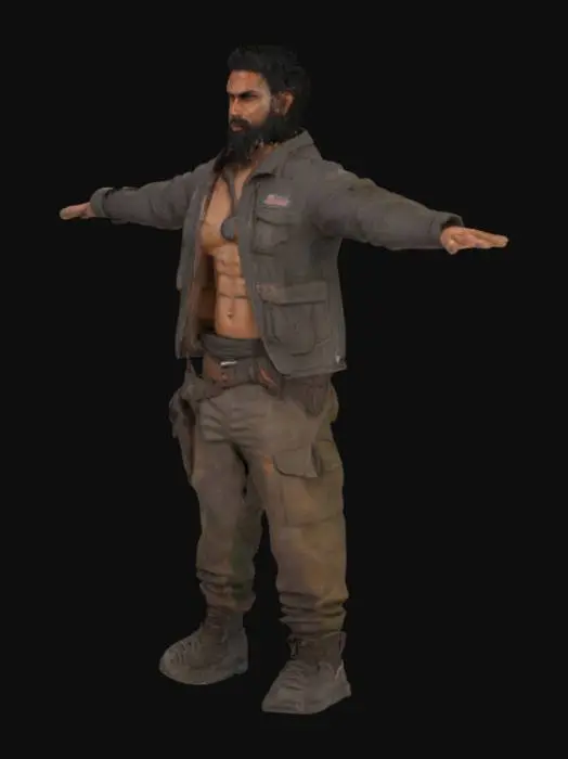 3D model for Ultra-realistic, high-poly post-apocalyptic Indian survivor in T-pose (or A-pose) for Unity. Athletic, muscular build, rugged sunburnt skin with scars, dirt, and veins. Strong jawline, sharp cheekbones, intense eyes, messy short hair (or tied-back dreads), stubble/beard.

Wears a torn kurta under a weathered leather jacket with rusted metal shoulder plates. Heavy-duty cargo pants with knee guards, reinforced combat boots covered in dust. Accessories: Belts, pouches, hand wraps, rusted dog tag.

