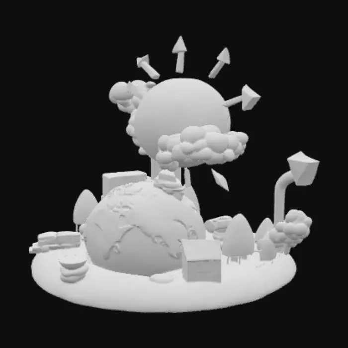 3D model for Create a simple educational 3D model showing the Greenhouse Effect. The scene should include:

A big yellow sun on the left, sending several yellow arrows toward Earth.

A half-globe Earth with green continents, land, and blue sea.

The arrows hitting Earth, with some reflected back into space, and some trapped by grey clouds and greenhouse gases.

A few objects on Earth’s surface: a factory with smoke, a car, a cow, a truck, and a house.

Clouds in the atmosphere that trap some of the heat.
Style: clear, cartoon-like, educational infographic, simple shapes, colorful.
Purpose: to explain global warming for students.
