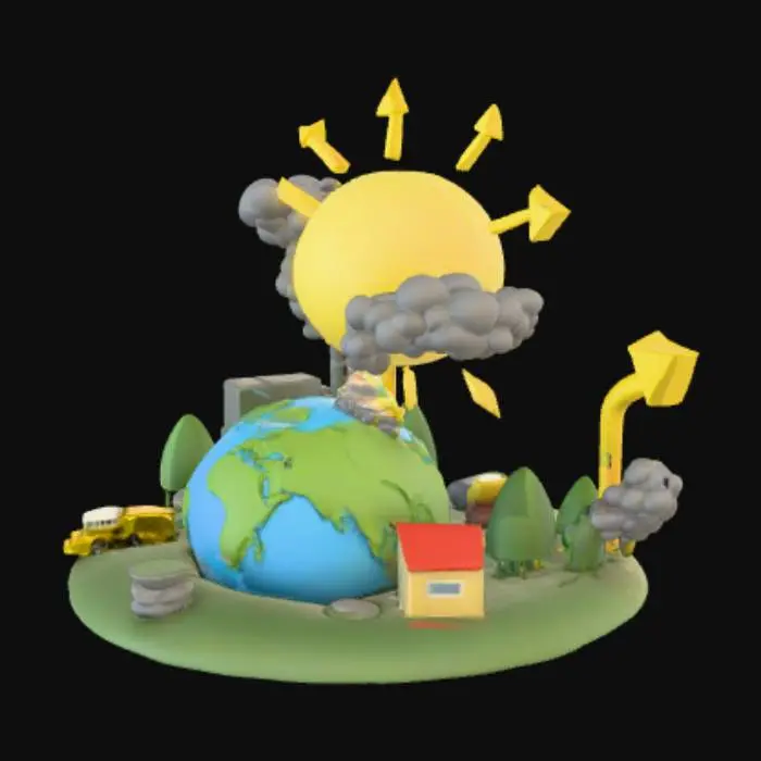 3D model for Create a simple educational 3D model showing the Greenhouse Effect. The scene should include:

A big yellow sun on the left, sending several yellow arrows toward Earth.

A half-globe Earth with green continents, land, and blue sea.

The arrows hitting Earth, with some reflected back into space, and some trapped by grey clouds and greenhouse gases.

A few objects on Earth’s surface: a factory with smoke, a car, a cow, a truck, and a house.

Clouds in the atmosphere that trap some of the heat.
Style: clear, cartoon-like, educational infographic, simple shapes, colorful.
Purpose: to explain global warming for students.
