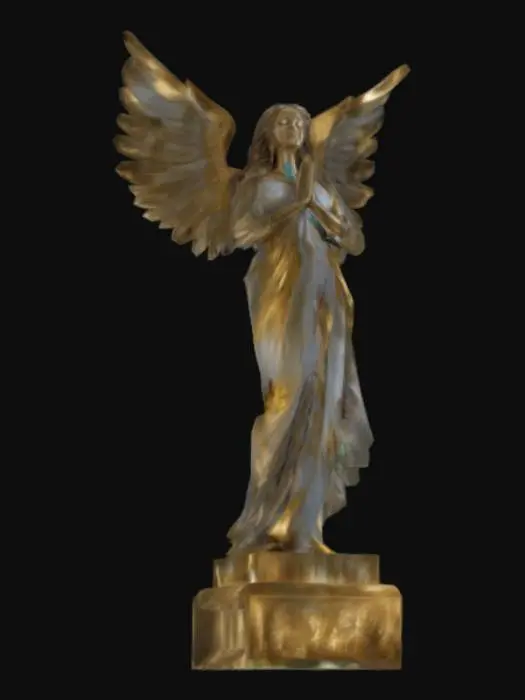 3D model for A majestic, classical-style golden statue of an angelic woman standing gracefully, hands raised together in prayer. Her large, feathered wings are fully spread open behind her, with intricate sculpted detail in every feather. Her flowing gown and long hair billow dramatically as if caught in a soft wind. The statue features a polished reflective gold surface with fine details, lifelike facial features, and subtle folds in the fabric. Render as a full-body heroic figure suitable for a cathedral or temple setting, standing on a simple stone pedestal.