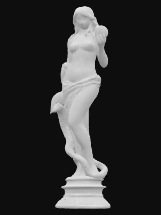 3D model for A highly detailed classical-style golden statue of Eve standing gracefully, her body draped in flowing, leaf-like fabric. A serpent coils elegantly around her legs and torso, its head poised near her shoulder. She holds a single red apple delicately in one hand, the only vibrant color contrasting with the polished reflective gold of the statue. Eve’s expression is serene and contemplative, her hair cascading in soft waves. The sculpture is full-body with intricate engravings and lifelike proportions, set upon a simple gold pedestal as if displayed in a museum or temple.
