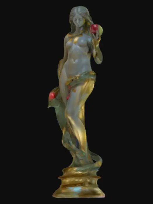 3D model for A highly detailed classical-style golden statue of Eve standing gracefully, her body draped in flowing, leaf-like fabric. A serpent coils elegantly around her legs and torso, its head poised near her shoulder. She holds a single red apple delicately in one hand, the only vibrant color contrasting with the polished reflective gold of the statue. Eve’s expression is serene and contemplative, her hair cascading in soft waves. The sculpture is full-body with intricate engravings and lifelike proportions, set upon a simple gold pedestal as if displayed in a museum or temple.
