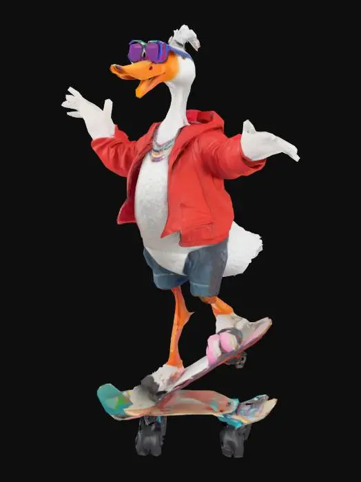 3D model for a retro futuristic goose riding a skateboard, wearing sunglasses, in a cool pose