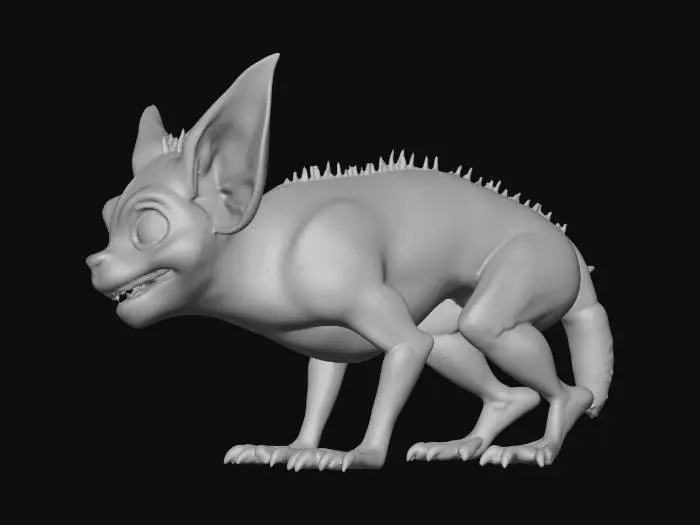 3D model for Generated a wingless, ill-tempered giant fox-bat from Oz, in a faded cave setting. green eyes and green streaks in his fur. Suggestion: For better 3D results, try to ensure the creature is on a plain background to isolate the model.