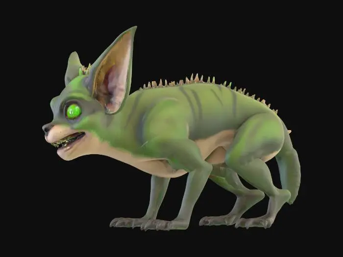 3D model for Generated a wingless, ill-tempered giant fox-bat from Oz, in a faded cave setting. green eyes and green streaks in his fur. Suggestion: For better 3D results, try to ensure the creature is on a plain background to isolate the model.