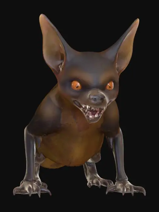 3D model for Generated a wingless, ill-tempered giant fox-bat from Oz, in a faded cave setting. Suggestion: For better 3D results, try to ensure the creature is on a plain background to isolate the model.