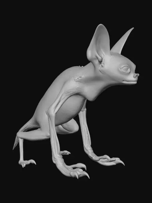 3D model for Generated a wingless, ill-tempered giant fox-bat from Oz, in a faded cave setting. green eyes and green streaks in his fur. Suggestion: For better 3D results, try to ensure the creature is on a plain background to isolate the model.