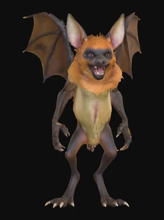 3D model for Generated a wingless, ill-tempered giant fox-bat from Oz, in a faded cave setting. Suggestion: For better 3D results, try to ensure the creature is on a plain background to isolate the model.